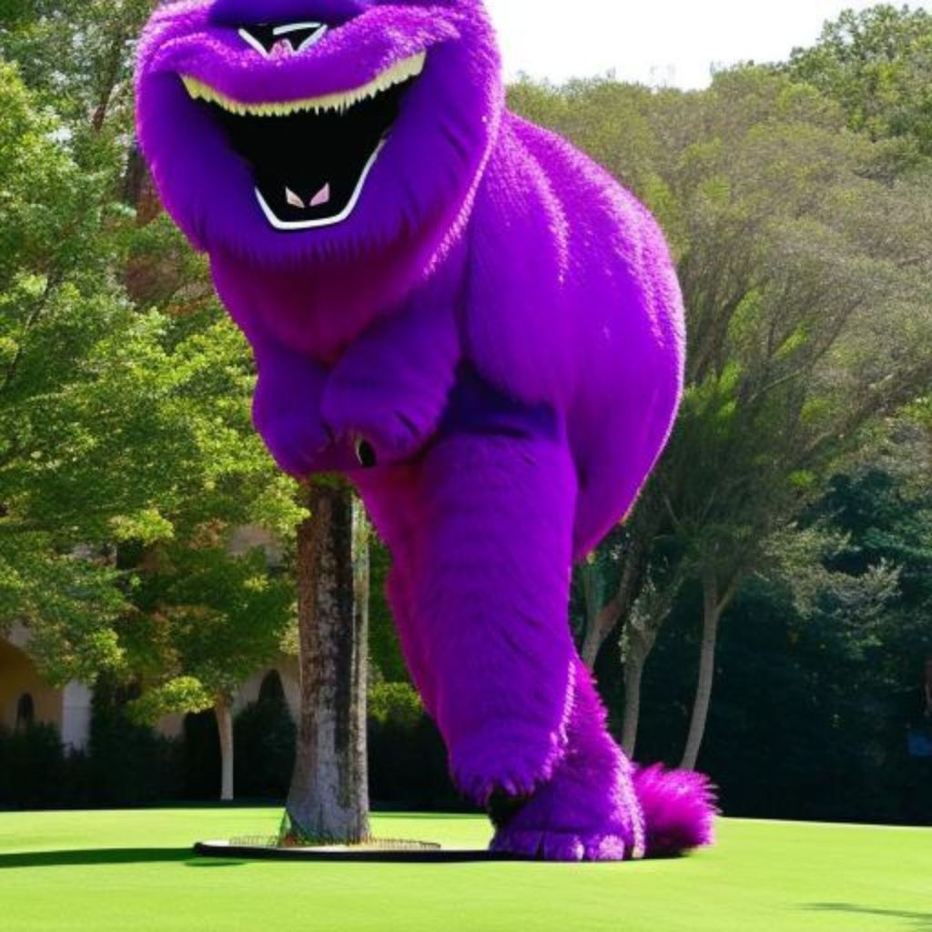 AI generated image of a gigantic puppet-like, bright purple monster stalking through a park. It is the size of the trees.